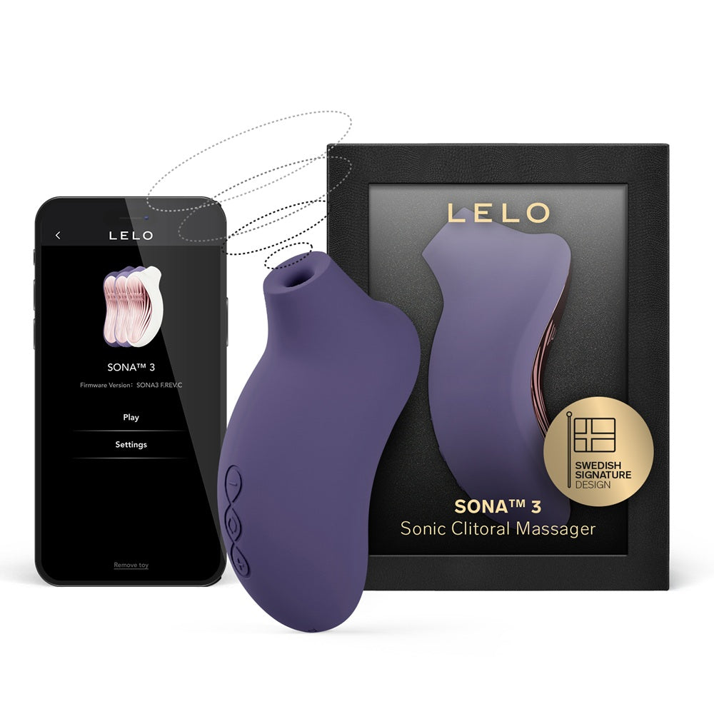 LELO SONA 3 i Cyber Purple med förpackning och mobilapp